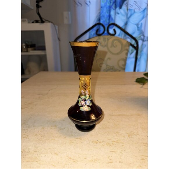 Vintage Amethyst Purple Glass Vase Hand Painted Floral Gold Enamel 7" - Picture 6 of 7